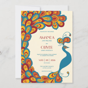 Peacock Elegance Multicolored Vintage Wedding Invitation