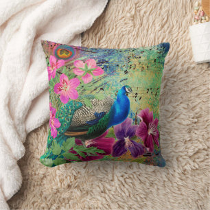 Peacock Elegant Blue Pink Flowers Green Cushion