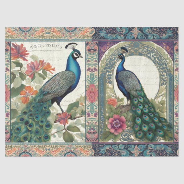Peacock Elegant Botanical Ephemera Pair Decoupage Tissue Paper (Front)