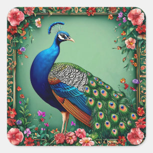 Peacock Elegant Nature Bird Floral Artistic Gift Square Sticker