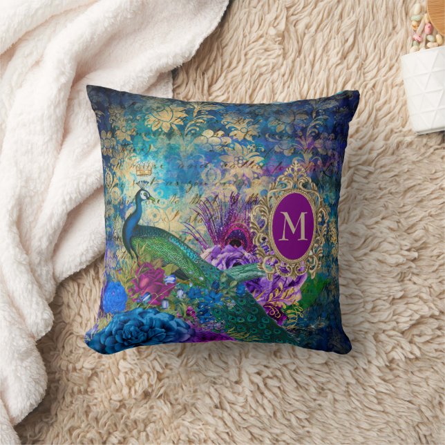 Peacock Elegant Vintage Purple Teal Gold Monogram Cushion (Blanket)