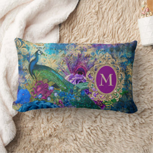Peacock Elegant Vintage Purple Teal Gold Monogram Lumbar Cushion