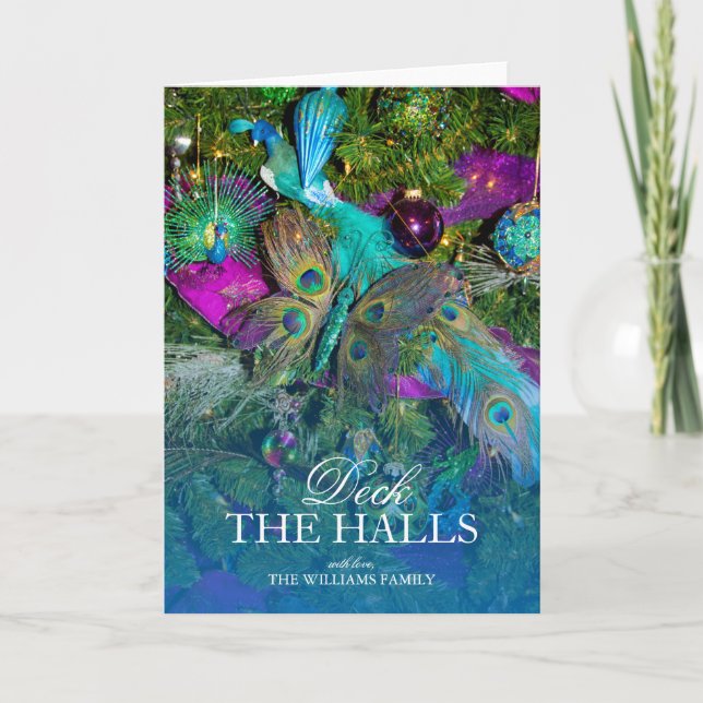 Peacock feather and coloured tree decorations holiday card (Front)
