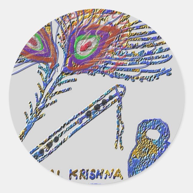 Peacock Feather and Flute - Hare Krishna Classic Round Sticker (Front)