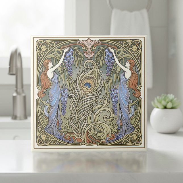 Peacock Feather and Muses Art Nouveau Pat#4 ID1193 Ceramic Tile (Creator Uploaded)