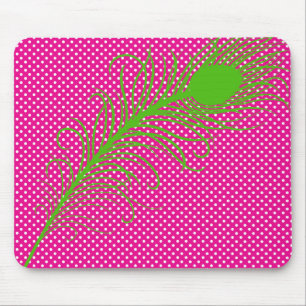 Peacock feather and Polka Dots - Pink & Lime Green Mouse Pad