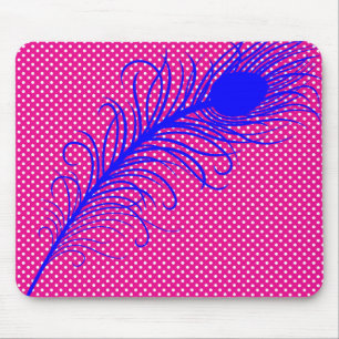 Peacock feather and Polka Dots - Pink & Royal Blue Mouse Pad