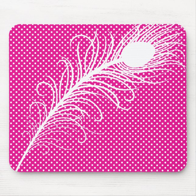 Peacock feather and Polka Dots - Pink & White Mouse Pad (Front)