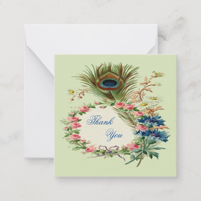 Peacock Feather And Vintage Flower Thank You Card (Front)