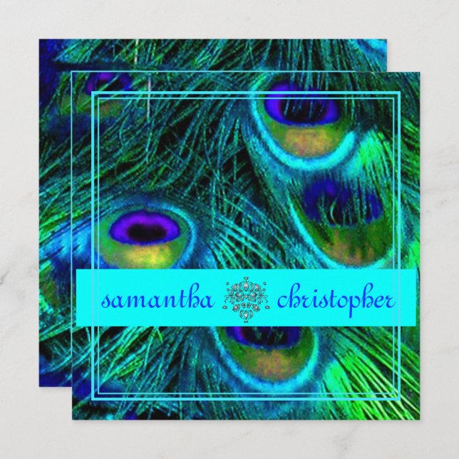 PEACOCK FEATHER/AQUA/TURQUOISE SEE DESCRIPTION INVITATION (Front/Back)