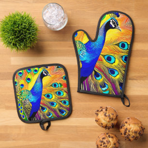 Peacock Feather Art Oven Mitt & Pot Holder Set