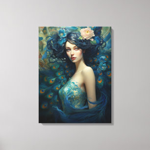 Peacock Feather Beauty: Woman in Teal and Blue Canvas Print