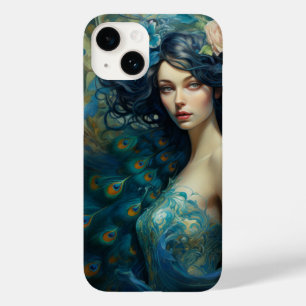 Peacock Feather Beauty: Woman in Teal and Blue Case-Mate iPhone 14 Case