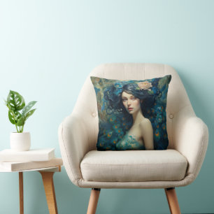 Peacock Feather Beauty: Woman in Teal and Blue  Cushion