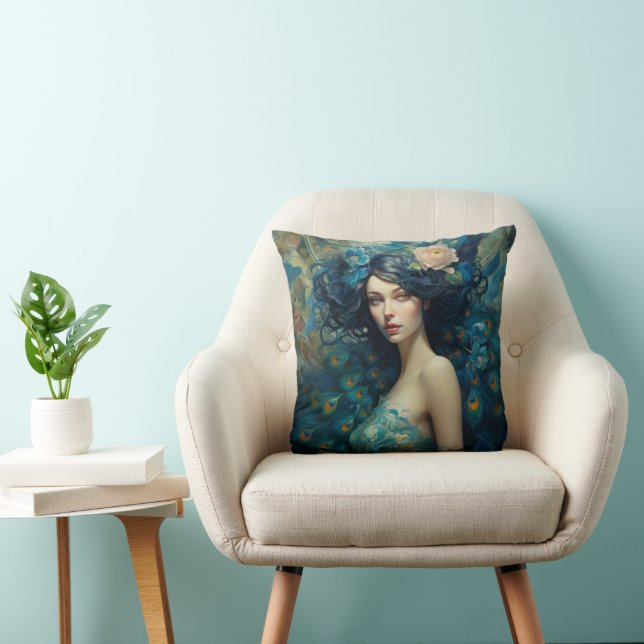 Peacock Feather Beauty: Woman in Teal and Blue  Cushion (Chair)