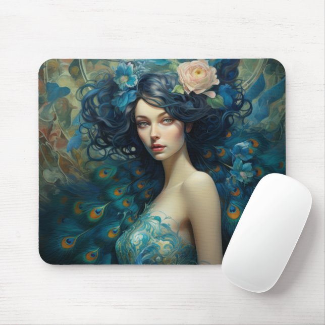 Peacock Feather Beauty: Woman in Teal and Blue  Mouse Pad (With Mouse)