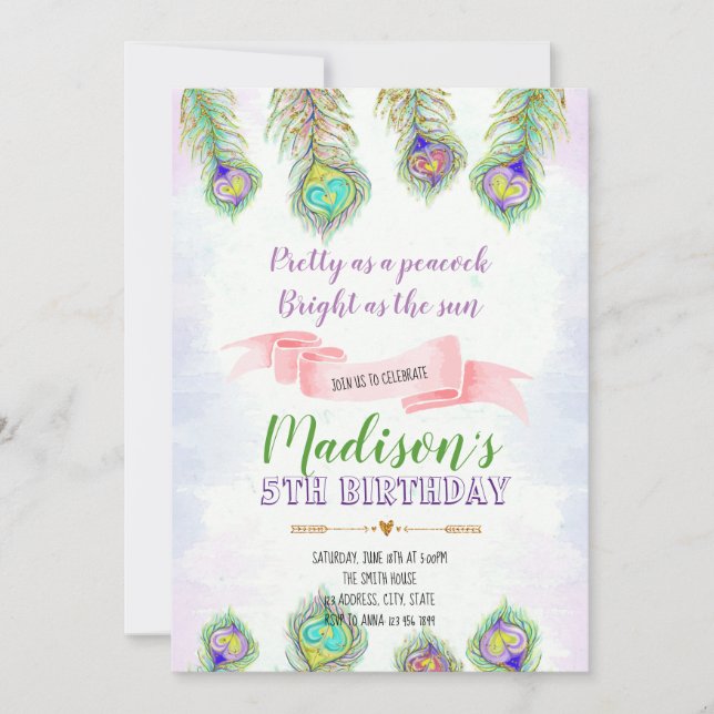 Peacock feather birthday party invitation (Front)
