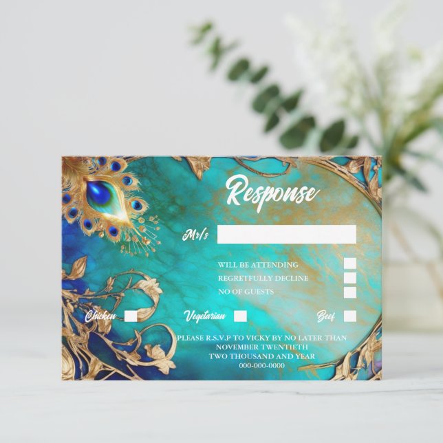 Peacock feather blue gold marbled background RSVP card (Standing Front)