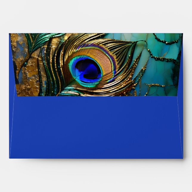 Peacock feather blue luxurious editable  envelope (Back (Top Flap))