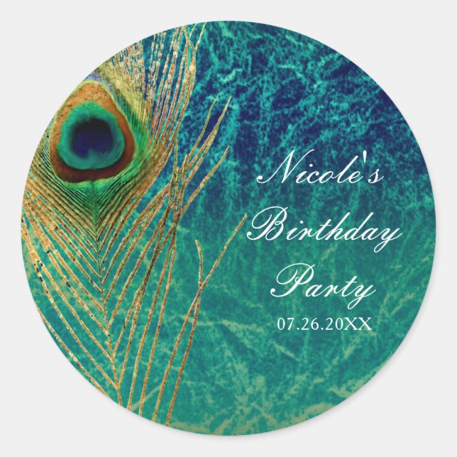 Peacock Feather Blue Teal Gold Exotic Custom Favou Classic Round Sticker (Front)