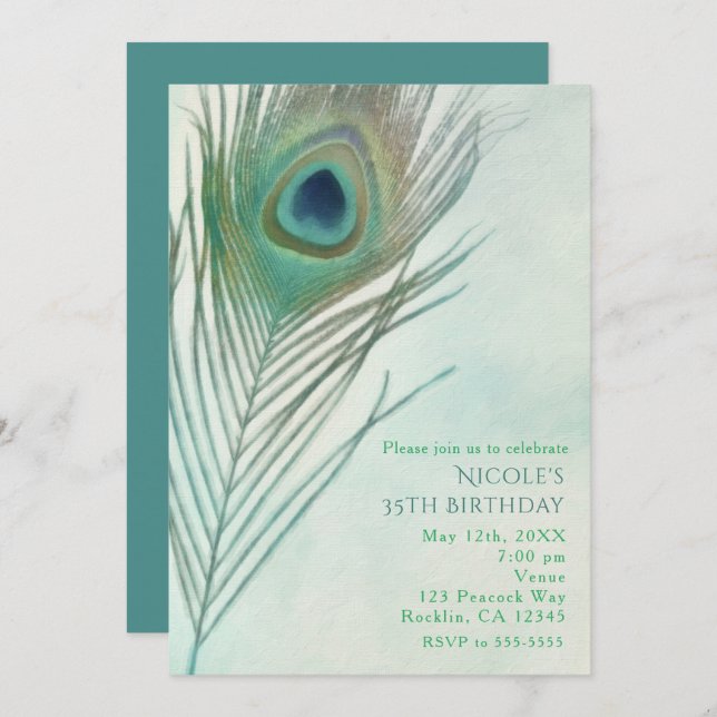 Peacock Feather Boho Chic Watercolor Invitations (Front/Back)
