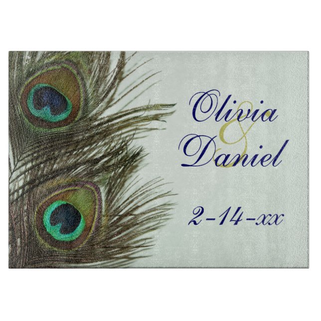 Peacock Feather Bride and Groom Cutting Board (Front)