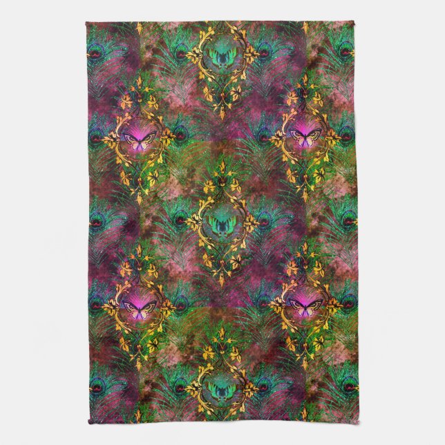 Peacock feather butterfly baroque purple gold tea towel (Vertical)