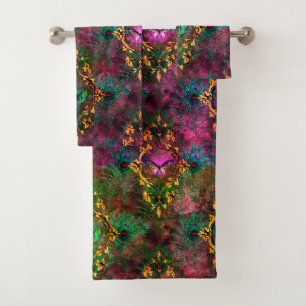 Peacock feather butterfly victorian elegant purple bath towel set