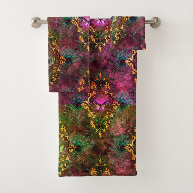 Peacock feather butterfly victorian elegant purple bath towel set (Insitu)