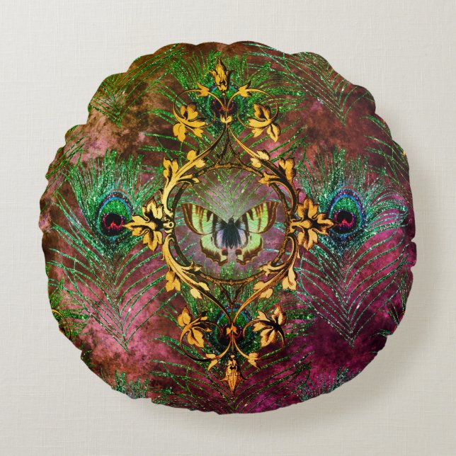 Peacock feather butterfly victorian elegant purple round cushion (Front)