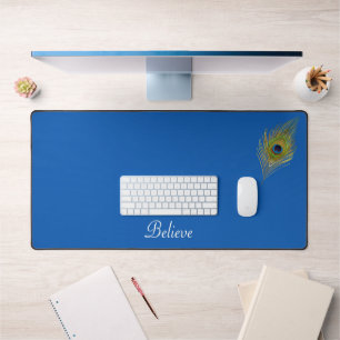 Peacock Feather & Calligraphy on Lake Blue Desk Mat