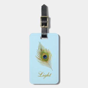 Peacock feather & calligraphy on light blue luggage tag