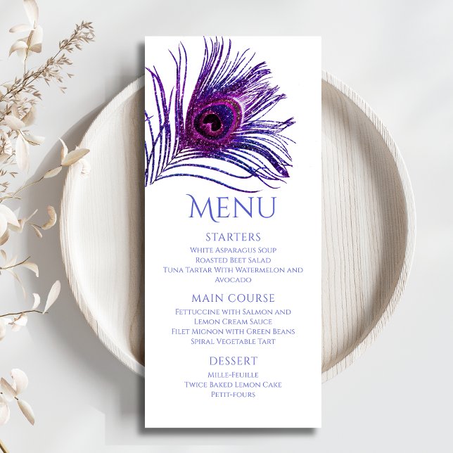Peacock Feather Chic Glitter Purple Bat Mitzvah Menu (Creator Uploaded)