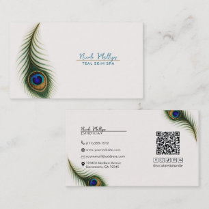 Peacock Feather Cream Boho Elegant Business Card