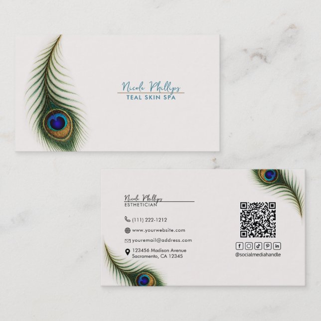Peacock Feather Cream Boho Elegant Business Card (Front/Back)