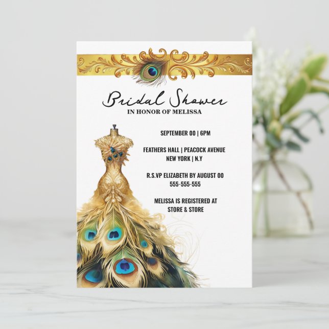 Peacock feather dress elegant gold white teal invitation (Standing Front)