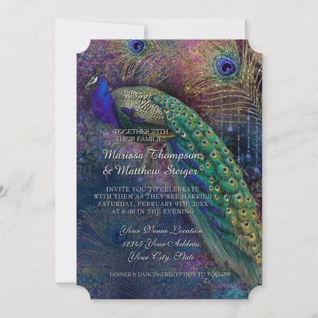 Peacock Feather Elegant Gold Winter Wedding  Invitation (Front)