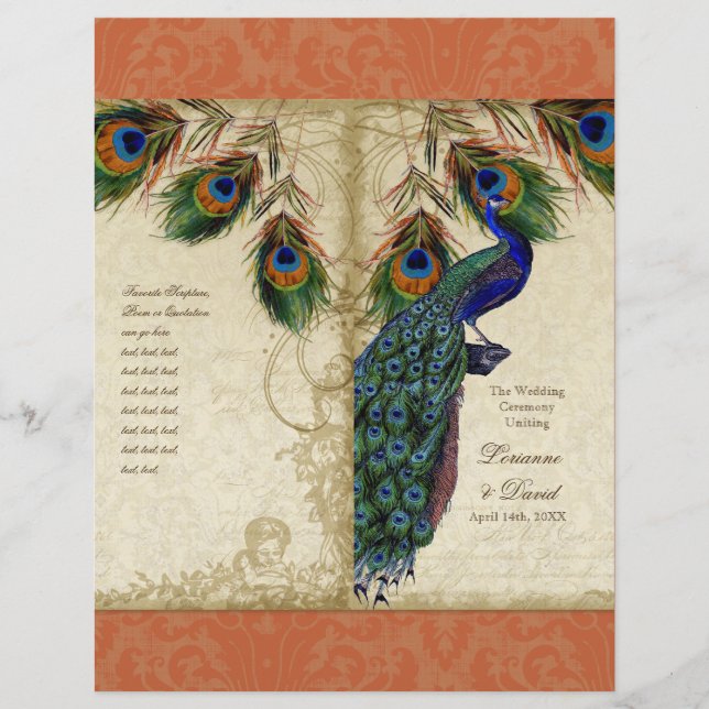 Peacock & Feather Elegant Matching Wedding Program (Front)
