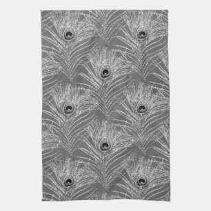Peacock feather elegant silver black grey pattern tea towel