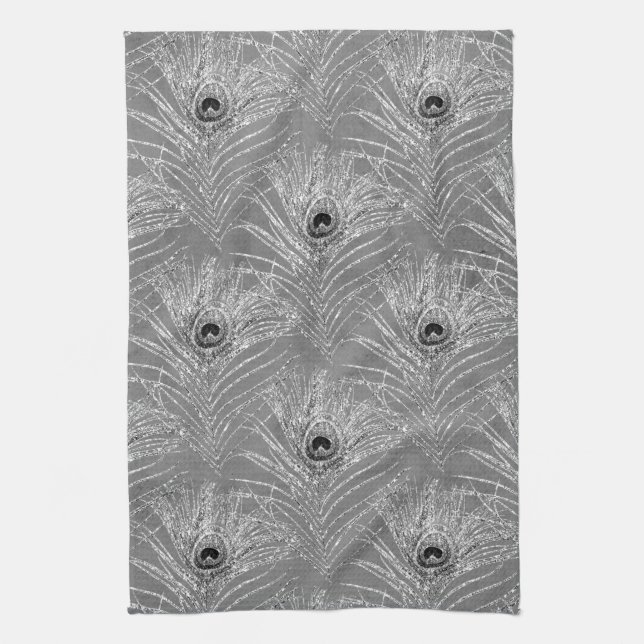 Peacock feather elegant silver black grey pattern tea towel (Vertical)