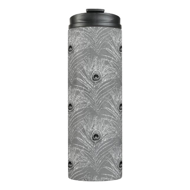 Peacock feather elegant silver grey glitter look thermal tumbler (Front)