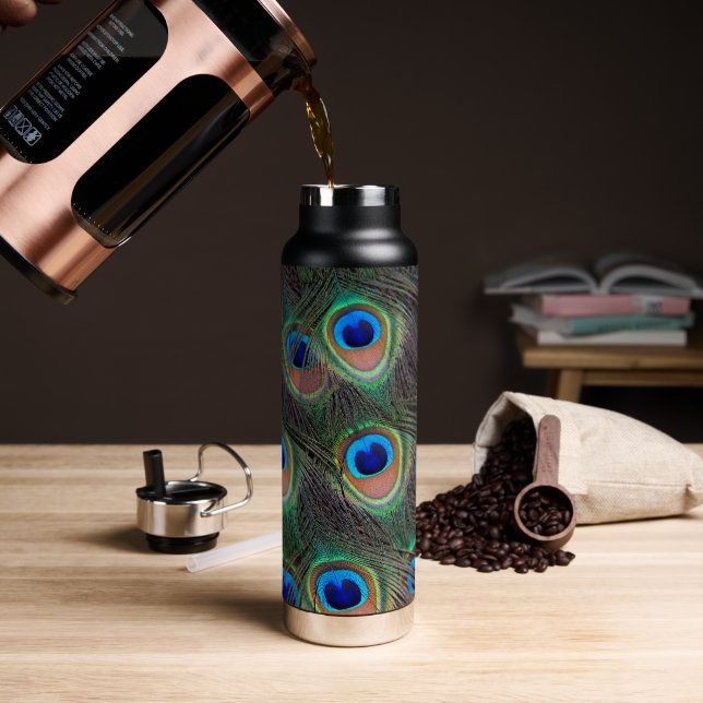 Peacock Feather Eyespot Pattern Water Bottle (Coffee)