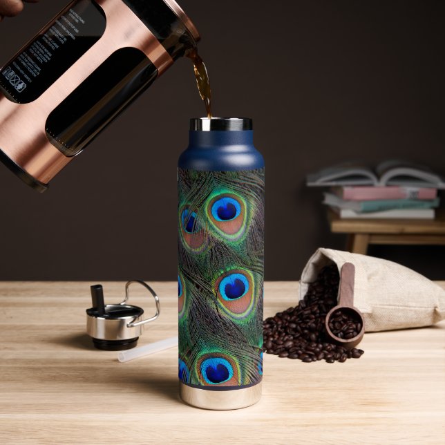 Peacock Feather Eyespot Pattern Water Bottle (Coffee)