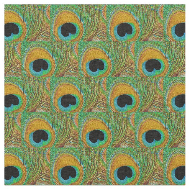 Peacock Feather Fabric - Orange Aqua Blue Green (Close Up)