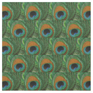 Peacock Feather Fabric - Tan Green Teal Blue Navy