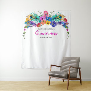 Peacock Feather Flowers Quinceañera Photo Backdrop Tapestry