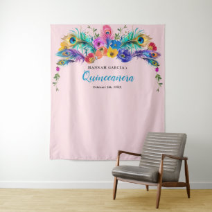 Peacock Feather Flowers Quinceañera Photo Backdrop Tapestry