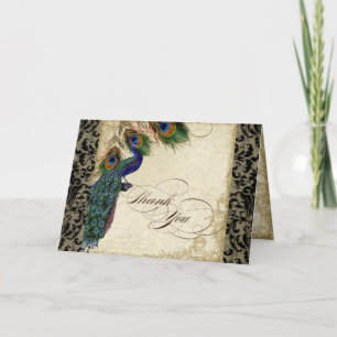 Peacock & Feather Formal Thank You Note Black Tan Card