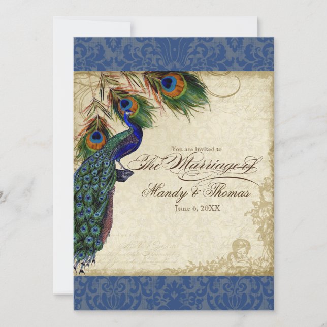Peacock & Feather Formal Wedding Invite Navy Blue (Front)