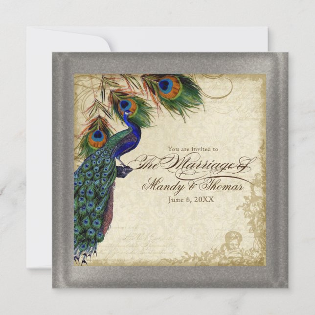 Peacock & Feather Formal Wedding Silver Metallic Invitation (Front)